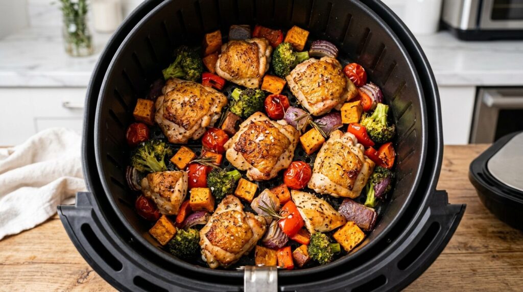 Close-up overhead shot of an open air fryer basket showing i