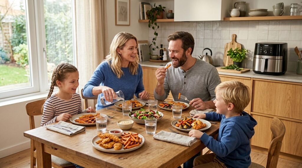 Modern kitchen scene showing a family of four gathered aroun
