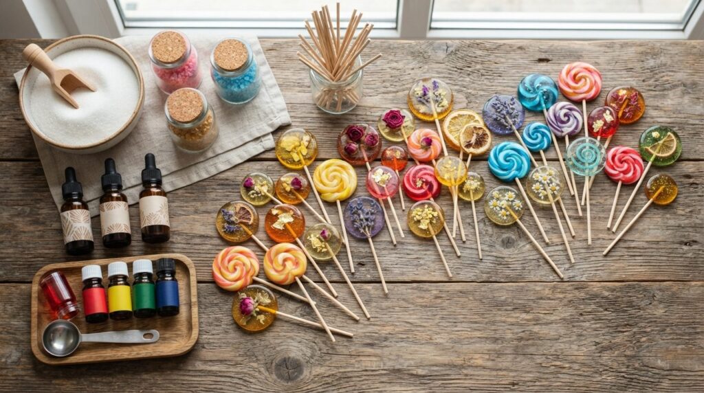 Flat lay professional food styling of homemade lollipop ingr